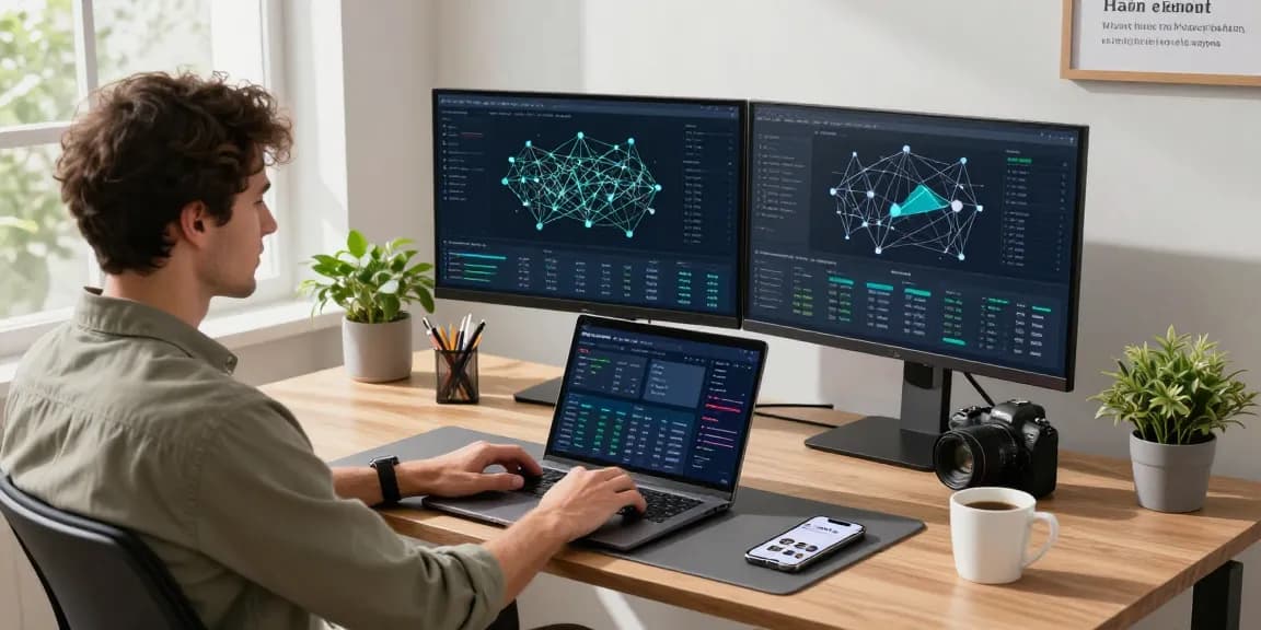 快连 network optimizations displayed on dual monitors in a modern workspace