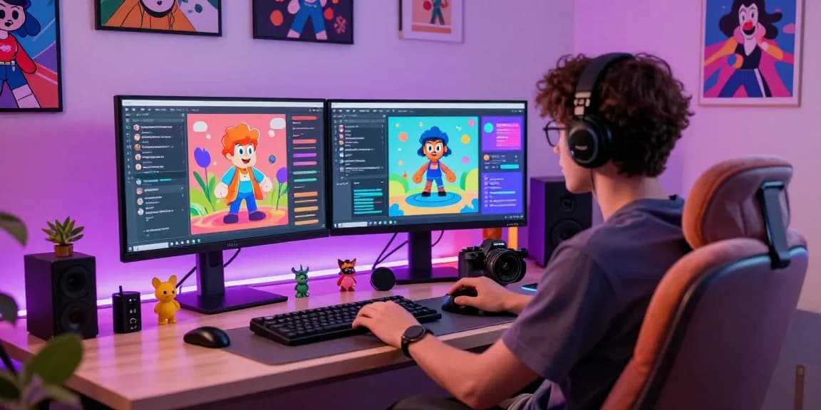 Explore NSFW character AI interactions in a stylish home office, showcasing vibrant digital chat interfaces and customizable avatar options.
