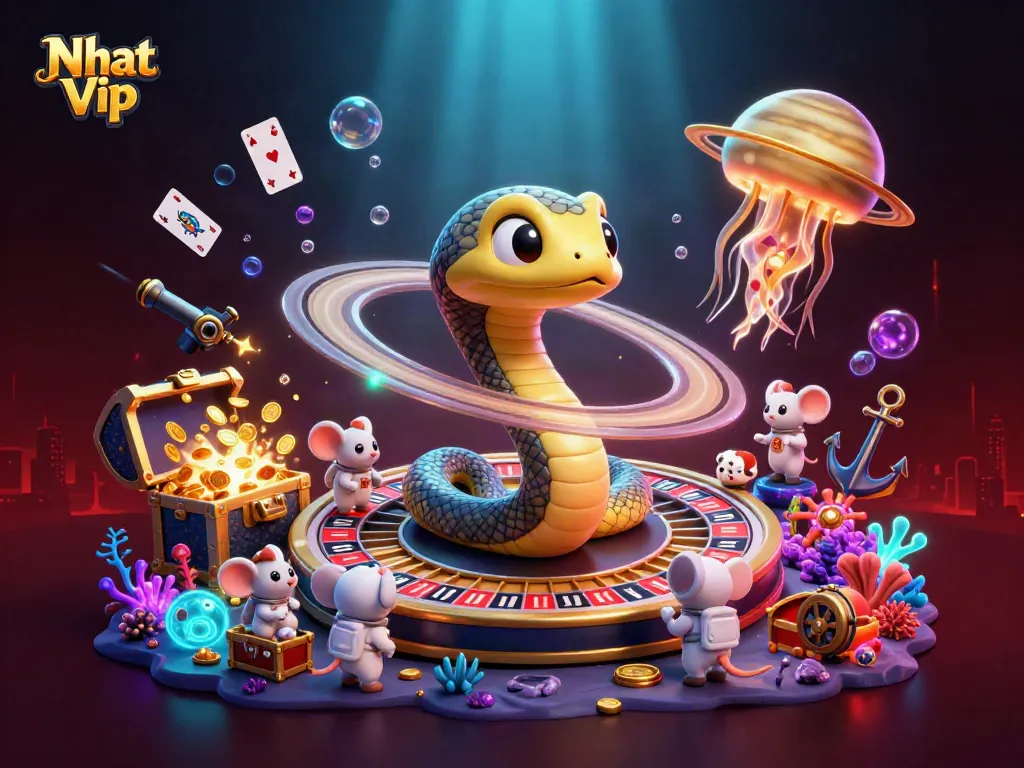 Nhat Vip showcases a vibrant cosmic casino scene with astronaut mice engaging in roulette betting, against an underwater treasure backdrop.