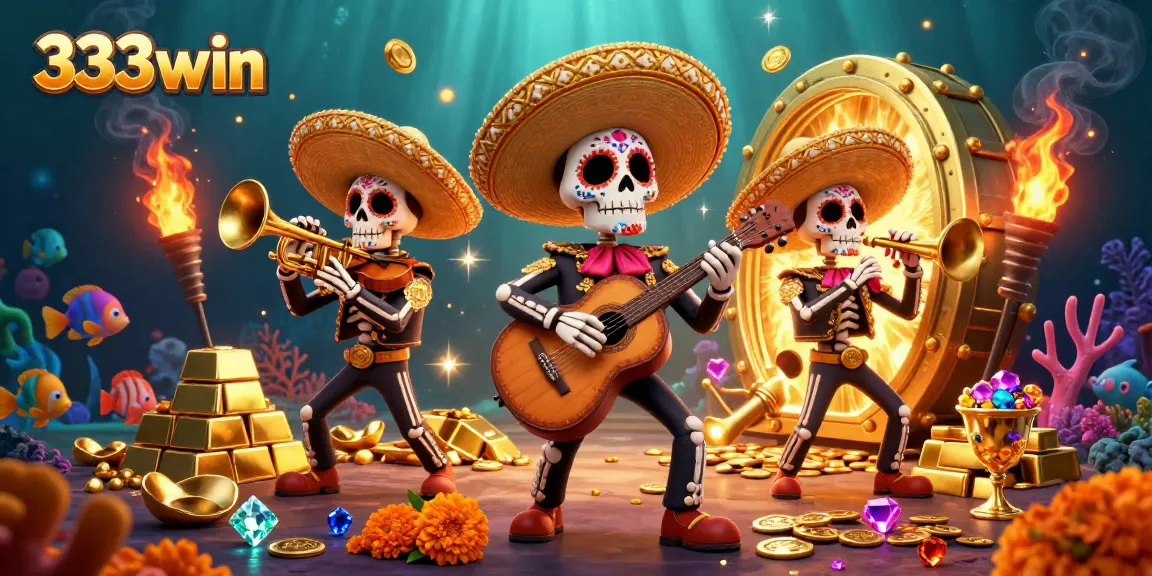 Immerse yourself in the vibrant world of 333win with cartoon mariachi musicians amidst treasures in an underwater casino scene.