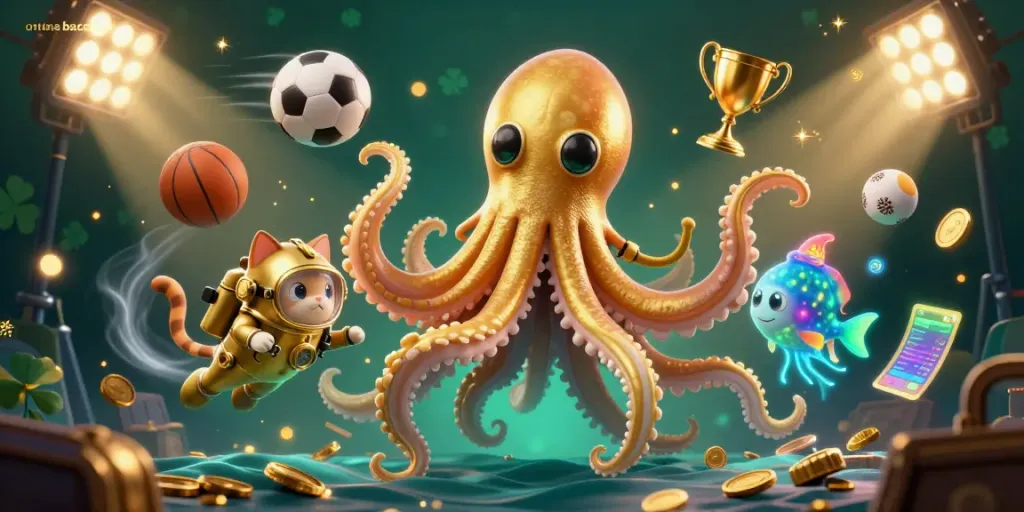 Experience the excitement of online baccarat with an engaging 3D cartoon scene featuring a kraken and diving cat.
