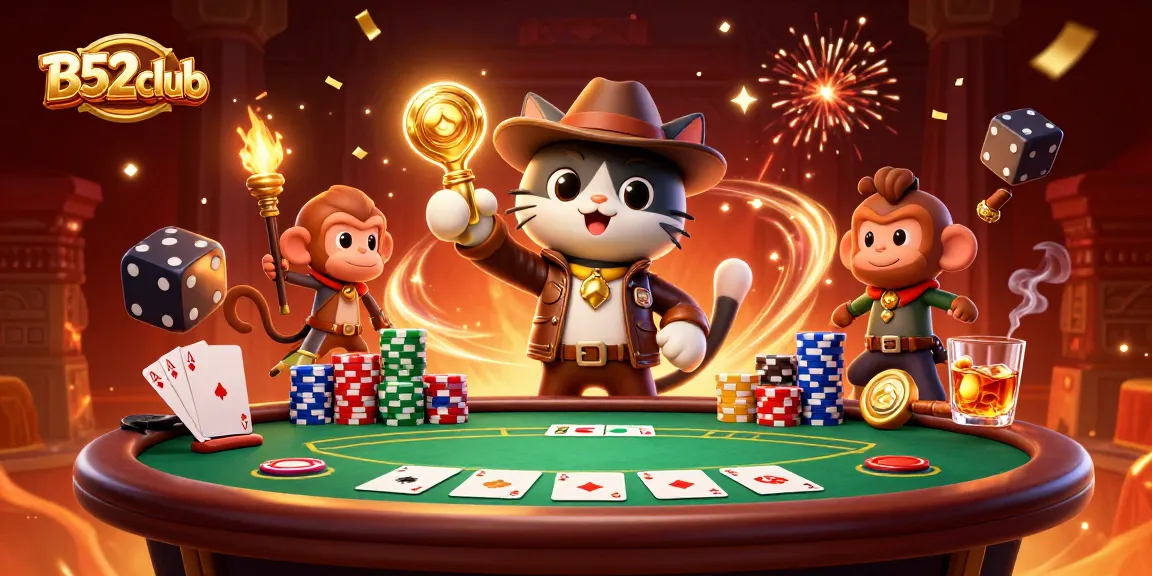 A dynamic scene of a cartoon explorer cat finding a golden casino artifact for B52club, showcasing poker elements and festive effects.