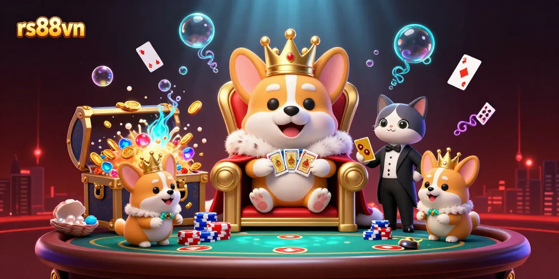 Engage with rs88vn's royal corgi and cat butler in a vibrant casino-themed underwater scene.