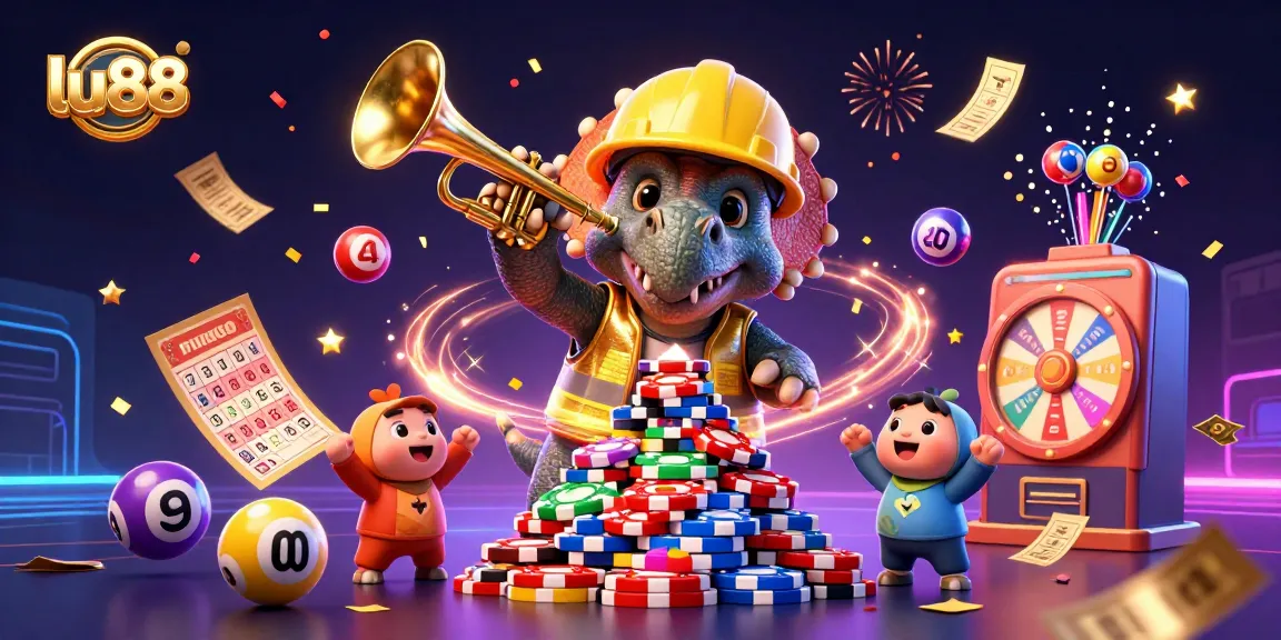 Experience the excitement at LU88 with dynamic games, poker chips, and celebration elements.