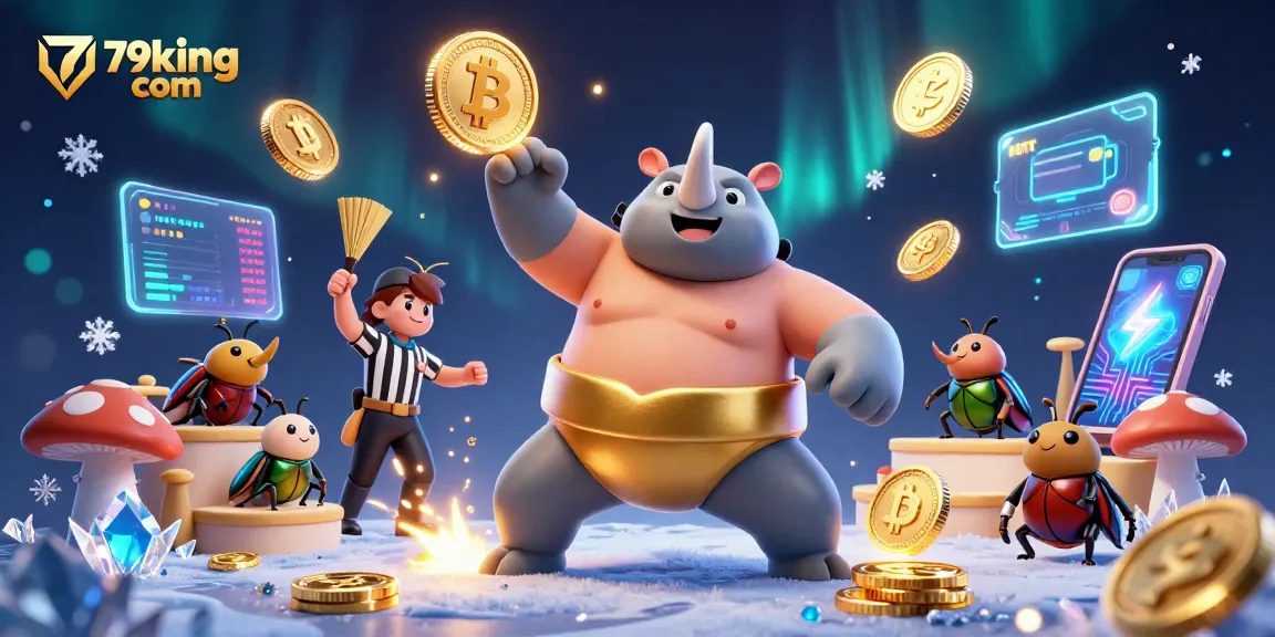 Bet on excitement with 79king com in this dynamic casino showdown illustration featuring crypto elements.