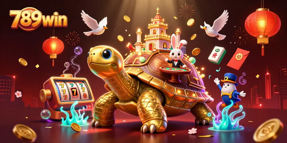 Experience the excitement of 789win with vibrant slots and a dynamic casino scene featuring a golden tortoise.