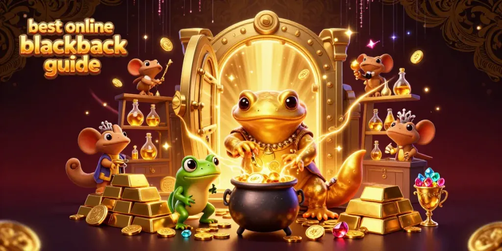 Engage with the best online blackjack guide illustrated by a whimsical alchemist scene full of treasure.