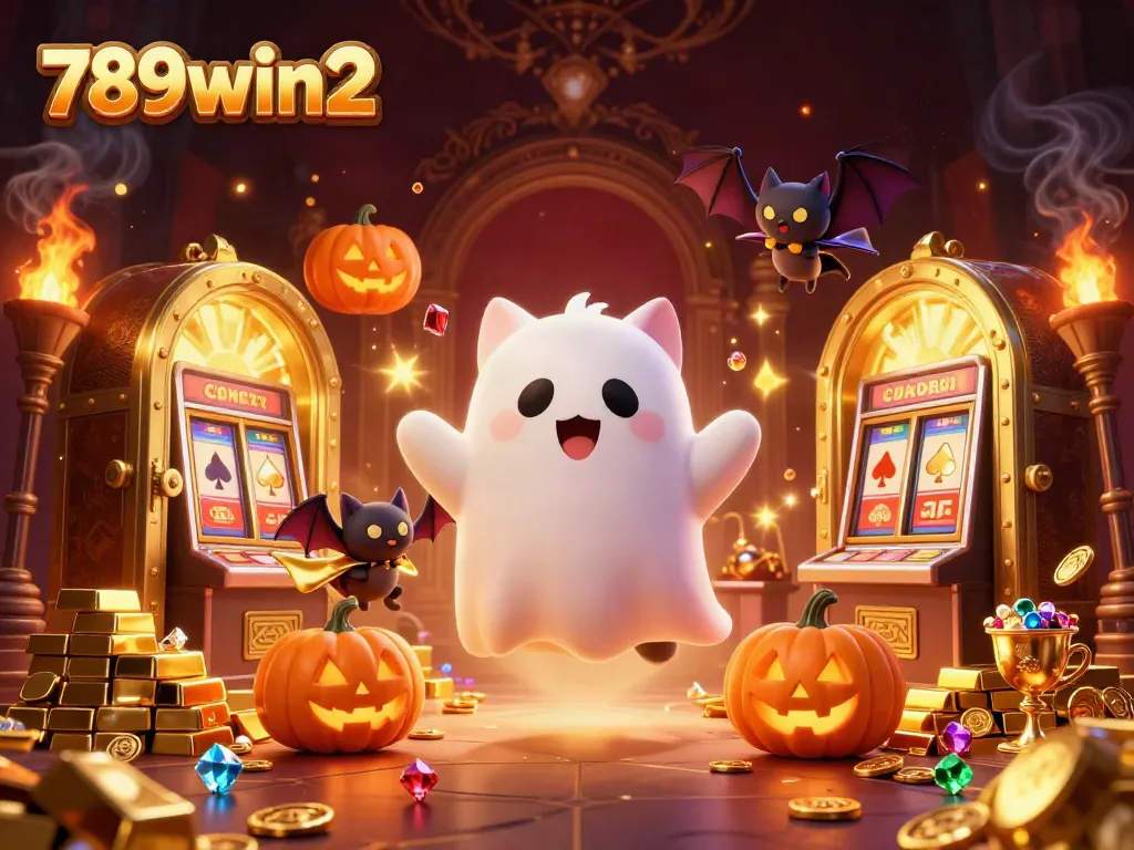 Experience gaming excitement at 789win2 with this dynamic 3D illustration of a ghost cat in a haunted casino.