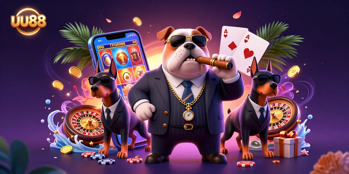 Experience the excitement at uu88 with a gambling-themed illustration featuring a mafia boss bulldog and dynamic casino elements.