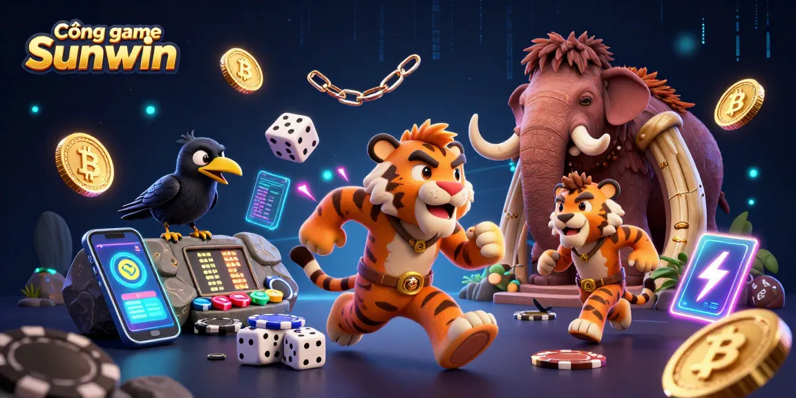 Engaging scene of Cổng game Sunwin with caveman duo at a vibrant casino setup.