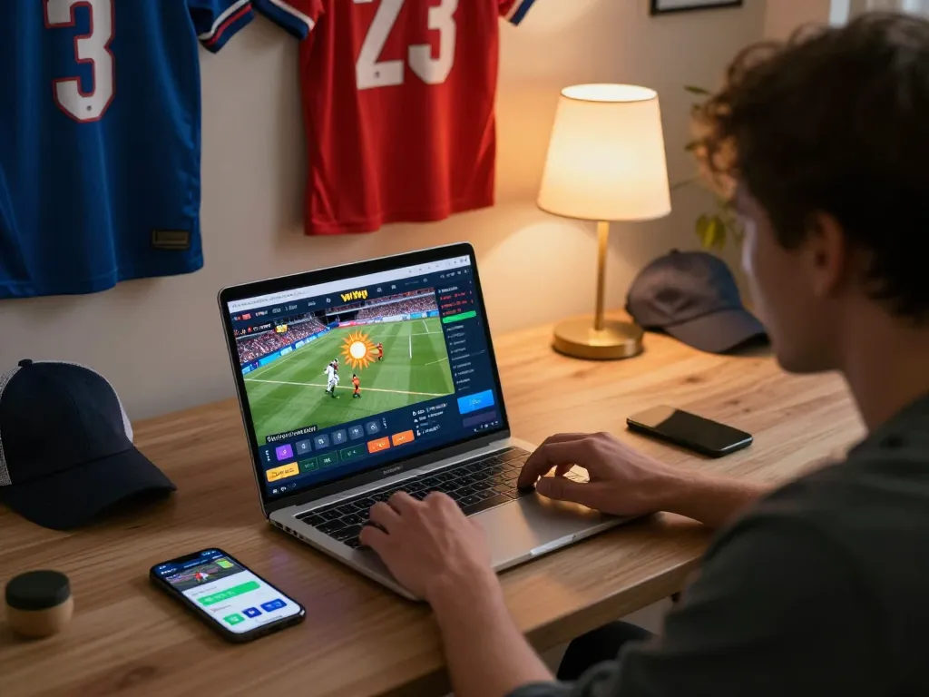 Engaging with sun win sports betting platform on a laptop, showcasing strategic gameplay.
