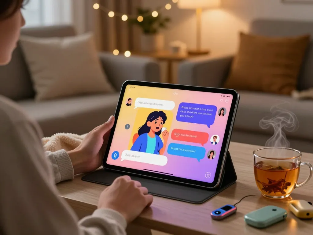 Engaging free ai sex chat on a cozy tablet screen in a warm living room setting