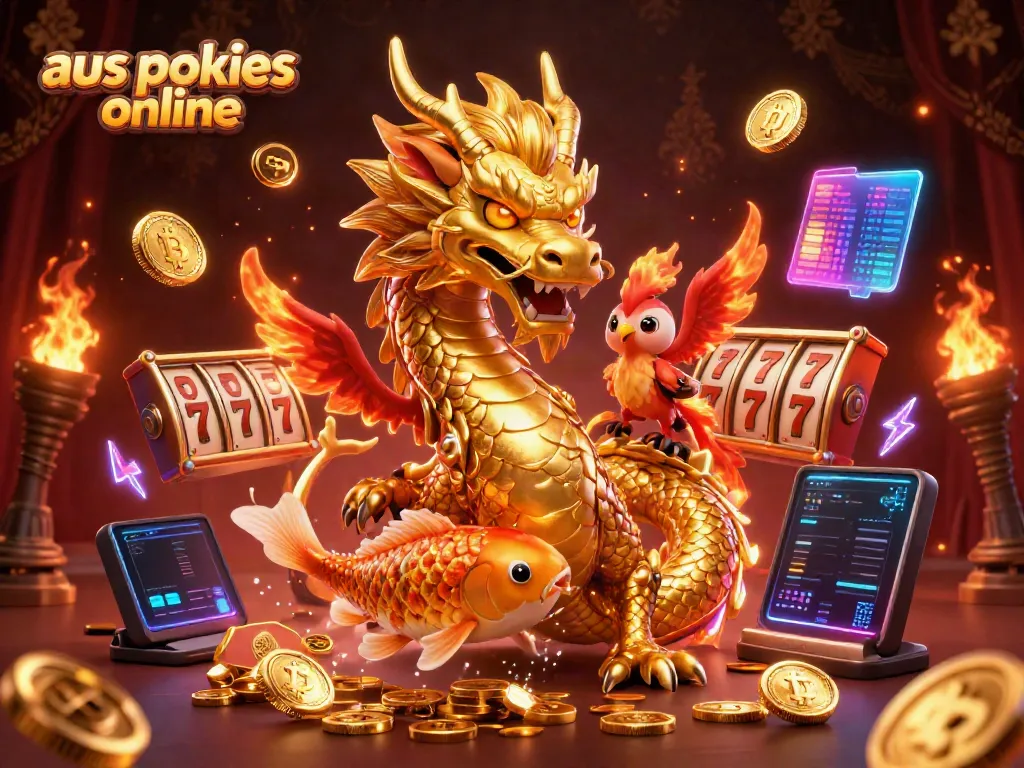 Spin the reels with aus pokies online alongside a fierce golden dragon and a phoenix in a dynamic casino scene.