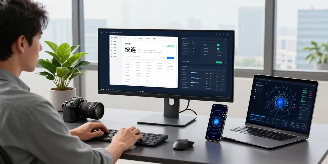 快连 application interface displayed on dual monitors in a modern tech workspace.