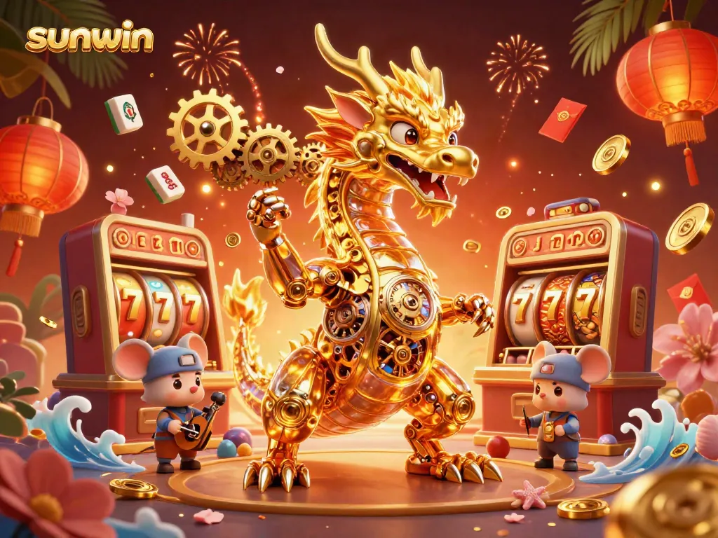 Win big with Sunwin: dynamic dragon scene featuring slots, coins, and vibrant colors.