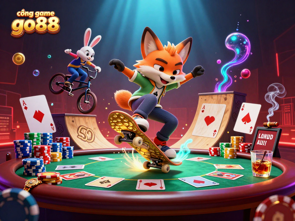 Cổng game go88 features a dynamic scene with a skateboarder fox and BMX rabbit amid vibrant casino symbols and poker chips.