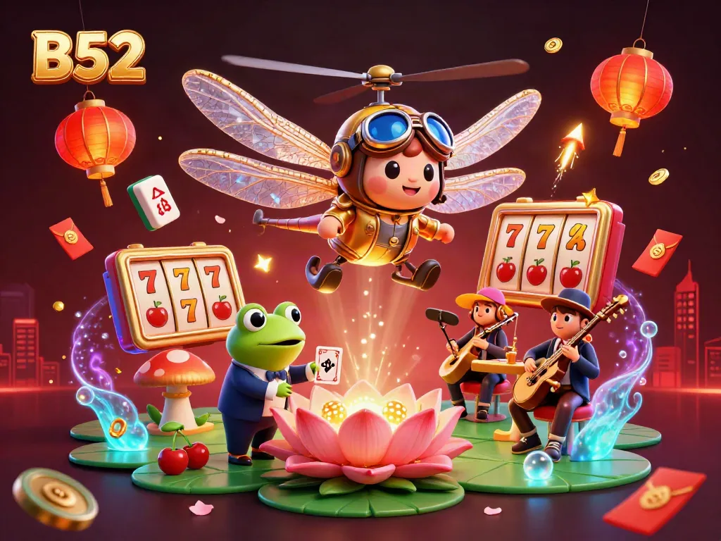 Engage with B52 casino games through a vibrant scene featuring a dragonfly pilot, frog croupier, and jazz-playing crickets.