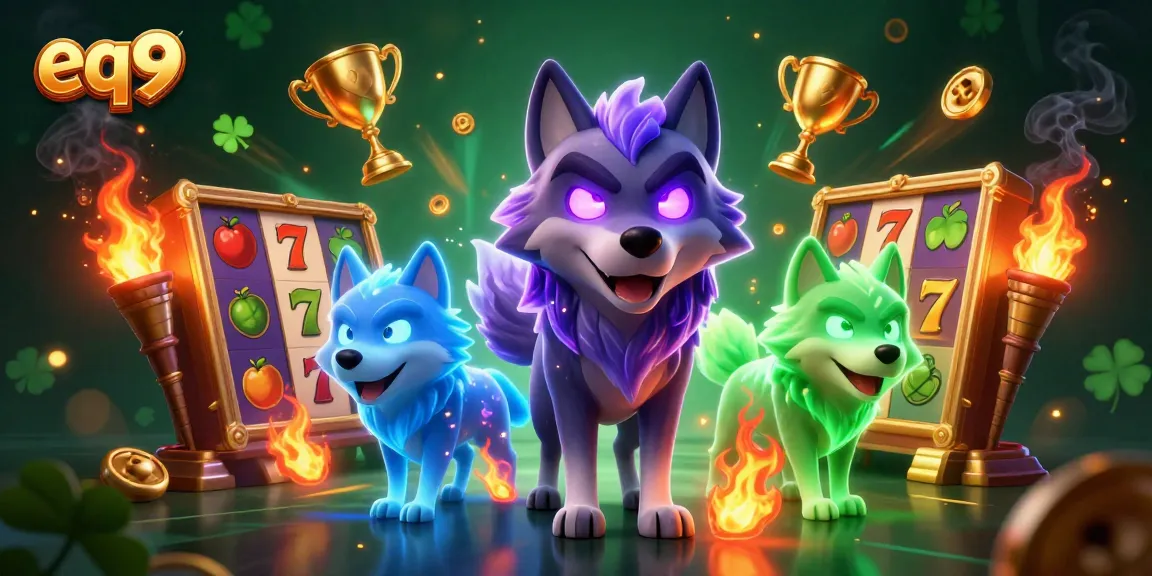 Experience the excitement of eq9 with a dynamic scene of a shadow wolf leader amidst glittering slot reels and golden trophies.