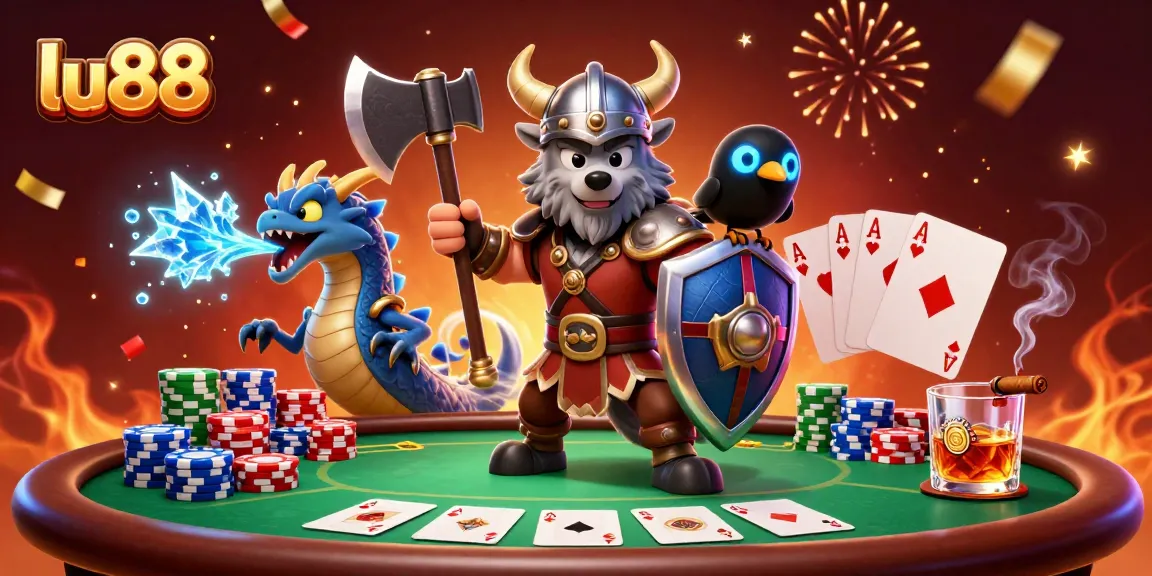 Engage with lu88: Viking wolf and dragon at an exciting poker table surrounded by colorful chips and games.
