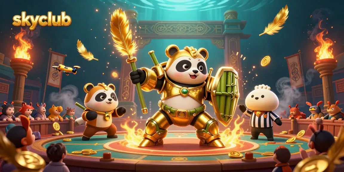 Skyclub gaming arena featuring a mech-suit panda in a vibrant scene with golden tokens and dynamic action.