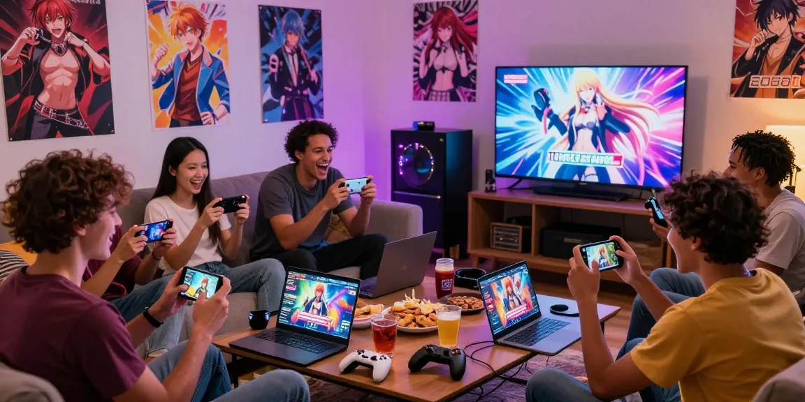 Friends enjoying free hentai games in a lively gaming setup with snacks and vibrant ambient lighting.
