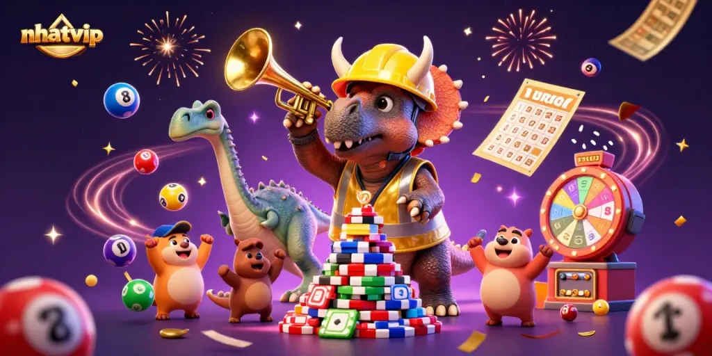 Nhatvip celebrates wins with vibrant 3D illustration featuring a triceratops and lottery elements.