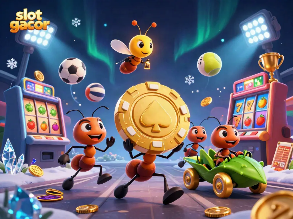 Engaging cartoon scene featuring ants heisting a giant poker chip in a vibrant slot gacor landscape.