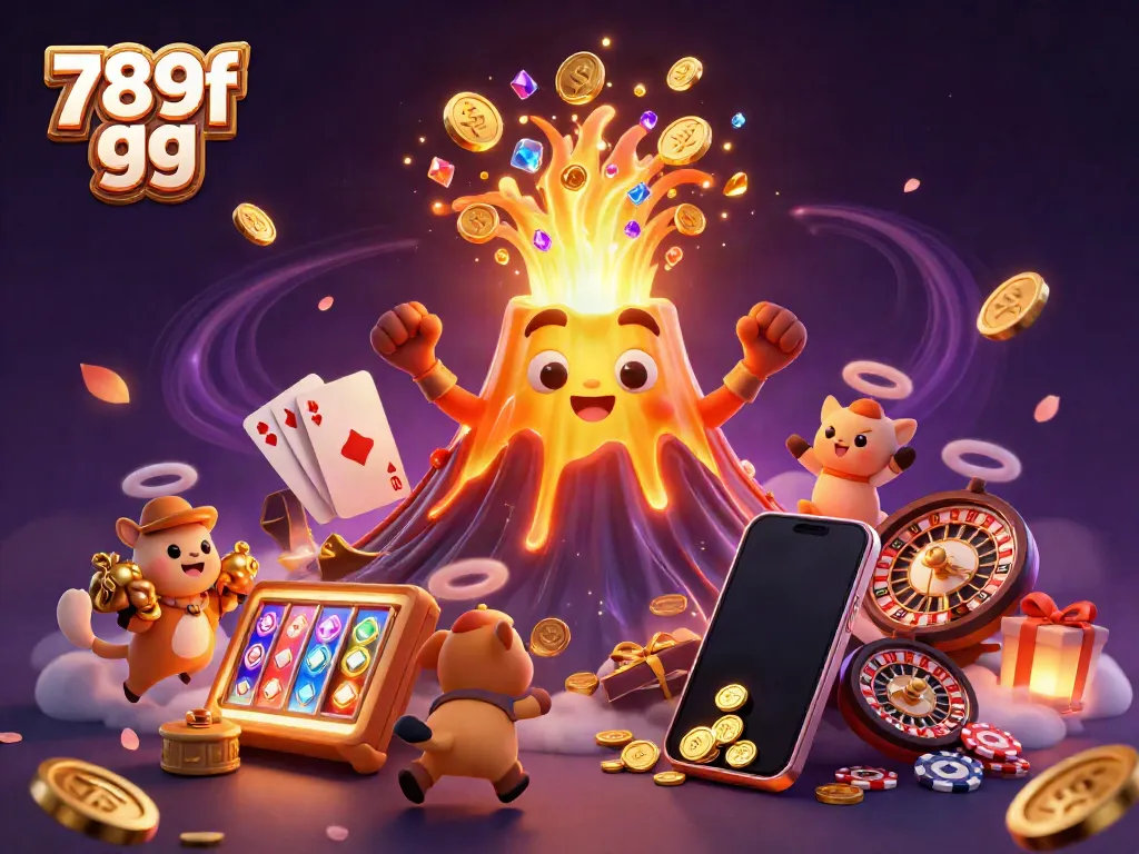 Engage in thrilling gaming experiences with 789f gg, witnessing a golden volcano erupting coins and treasures during gameplay.