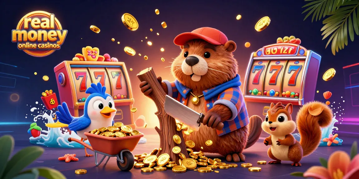 Experience the excitement of real money online casinos with vibrant characters and golden coins raining down in this 3D illustration.