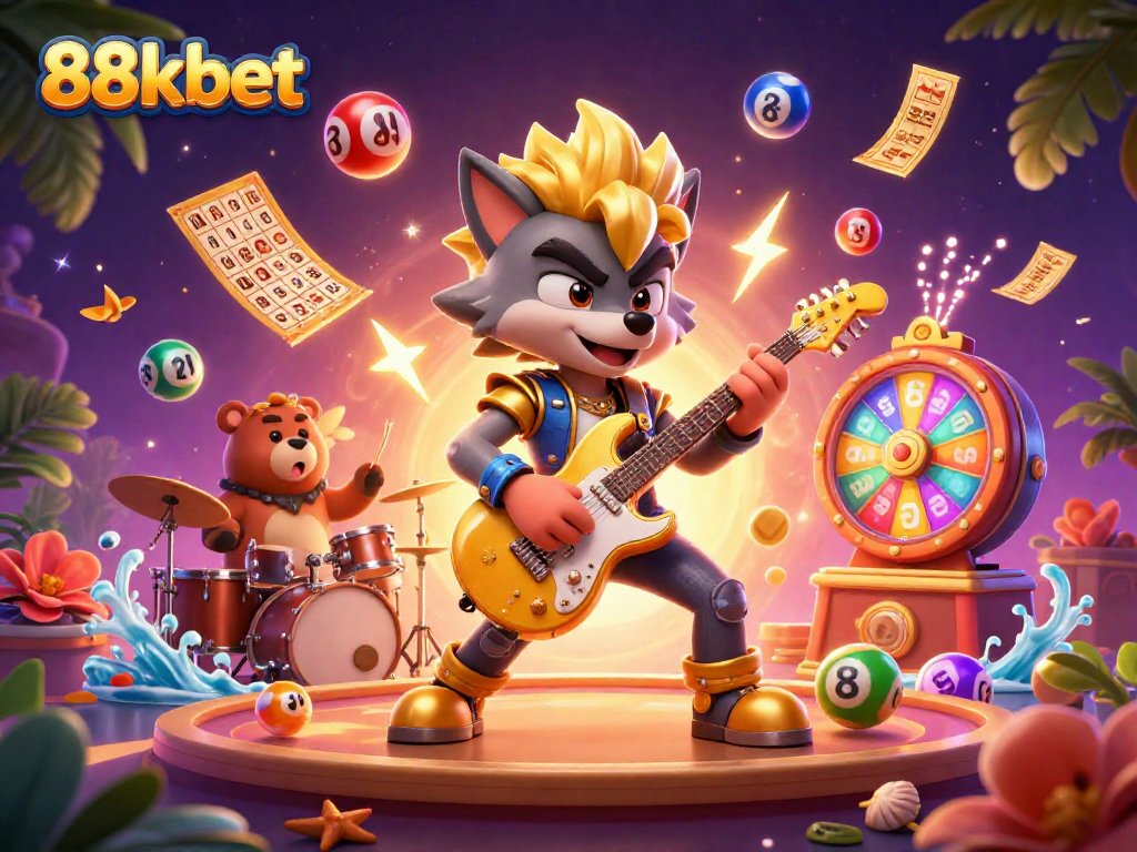 Experience thrilling gameplay with 88kbet as colorful lottery elements fly around a rock star wolf and drummer bear.
