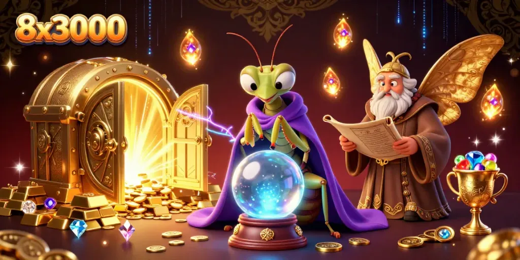 Engage in thrilling gameplay at 8x3000 with a vibrant casino scene featuring characters and treasure