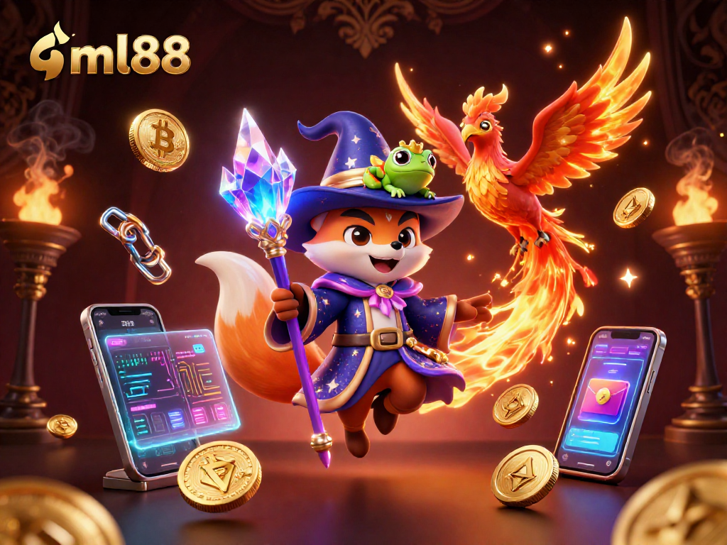 Experience the thrill of ml88 with a mystical fox wizard and phoenix in a fantasy casino.