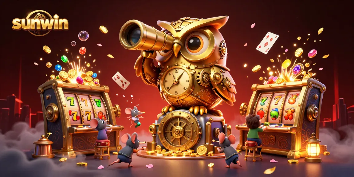 Engage with sunwin's vibrant casino scene, featuring an owl scanning slot machines amidst gold coins and sparkling gems.