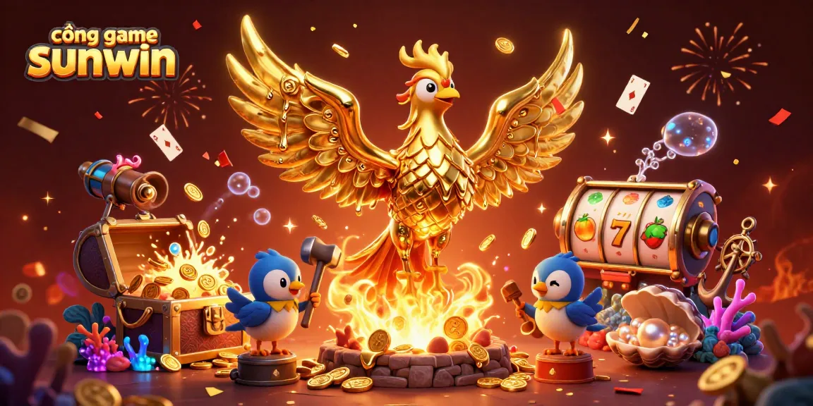 Experience the magic of cổng game sunwin with this vibrant illustration showcasing golden phoenix and casino elements.