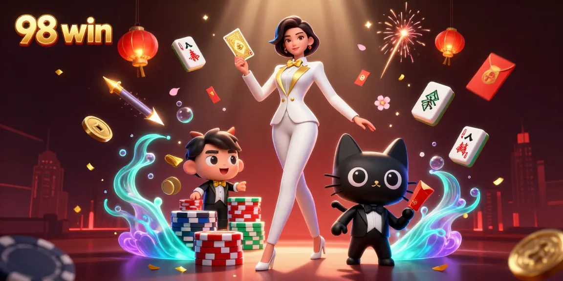 Engage with 98 win as a glamorous dealer shuffles cards surrounded by vibrant casino elements.