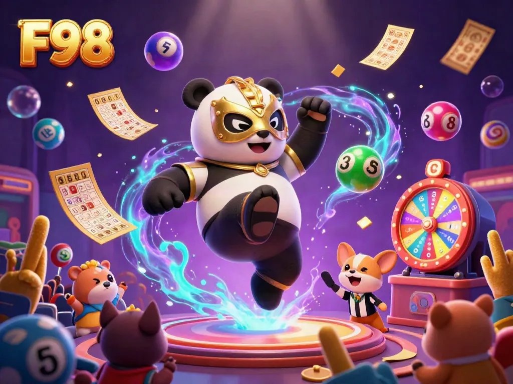 Engaging casino spectacle featuring F98 theme with vibrant animation and playful characters captivating the audience.