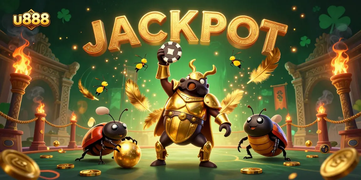 Experience thrilling wins at u888 with a gladiator beetle celebrating a jackpot victory in a lively casino scene.