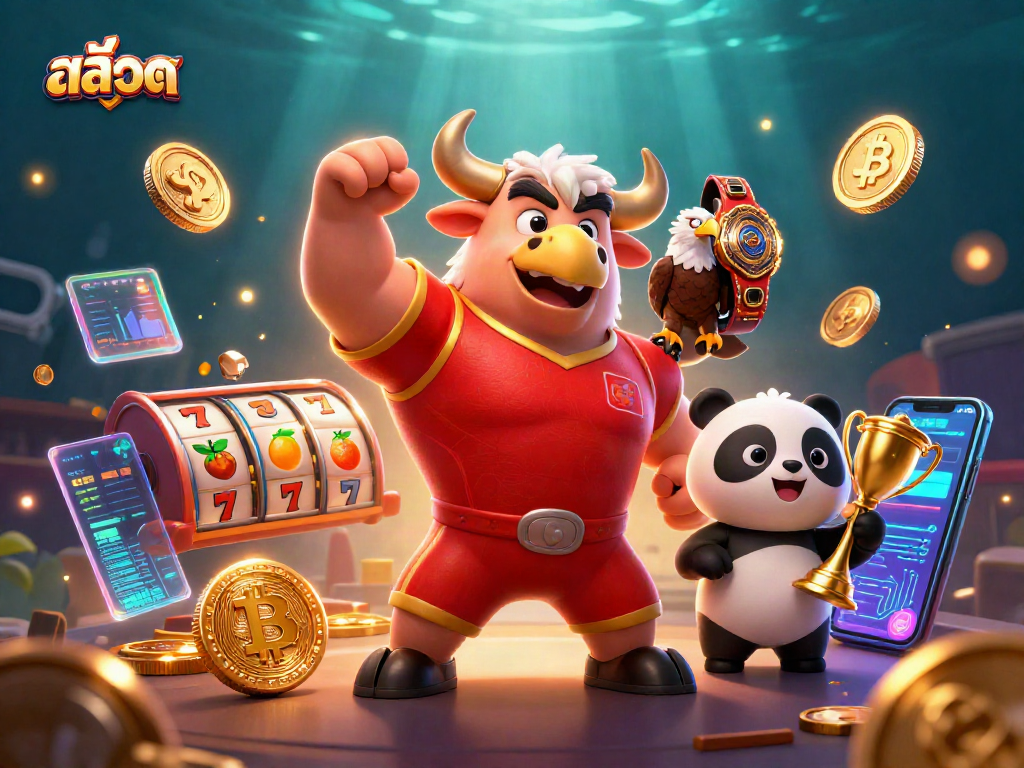Spin the reels with สล็อต as the macho bull mascot and friends celebrate jackpot wins!