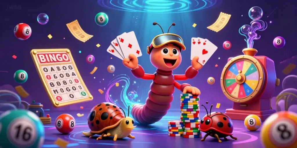 Witness JW88's lively casino action with a millipede dealer, snail high-roller, and a lively pill bug, all amidst vibrant gambling excitement.