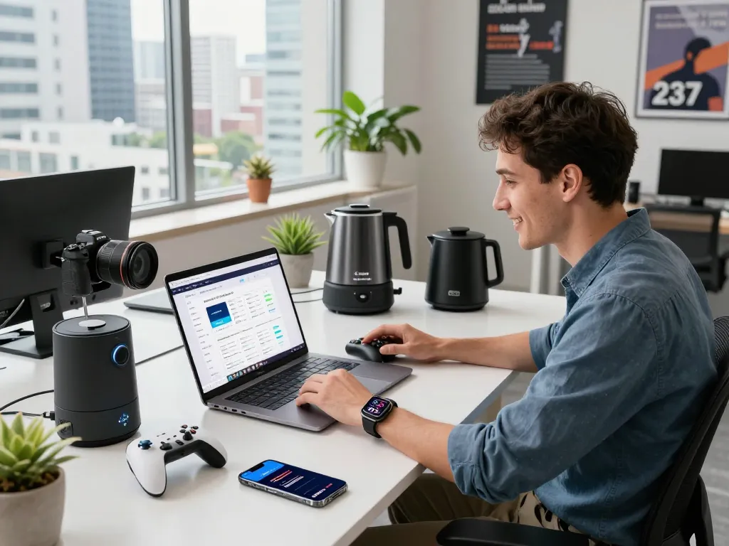 Explore the latest tech gadgets 2037 in a vibrant workspace filled with innovative devices and a city view.
