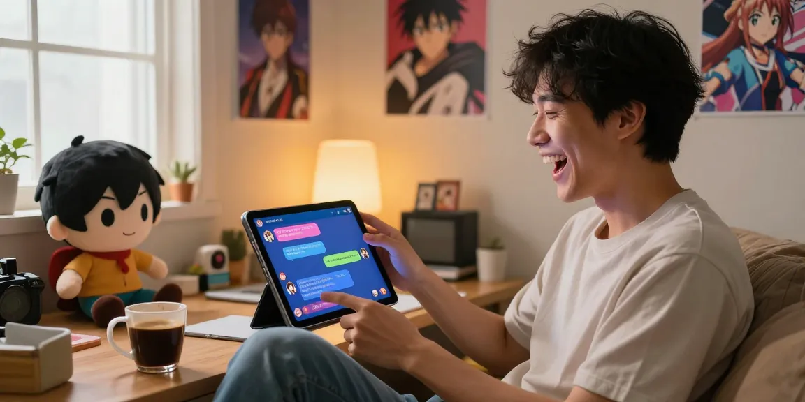 Engaging in an AI ecchi chat with colorful characters in a cozy room filled with anime decor.