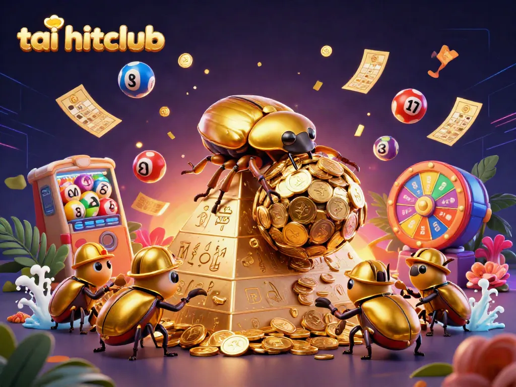 Spin and win with tai hitclub’s vibrant casino-themed illustration featuring golden coins, lottery balls, and dynamic game elements.