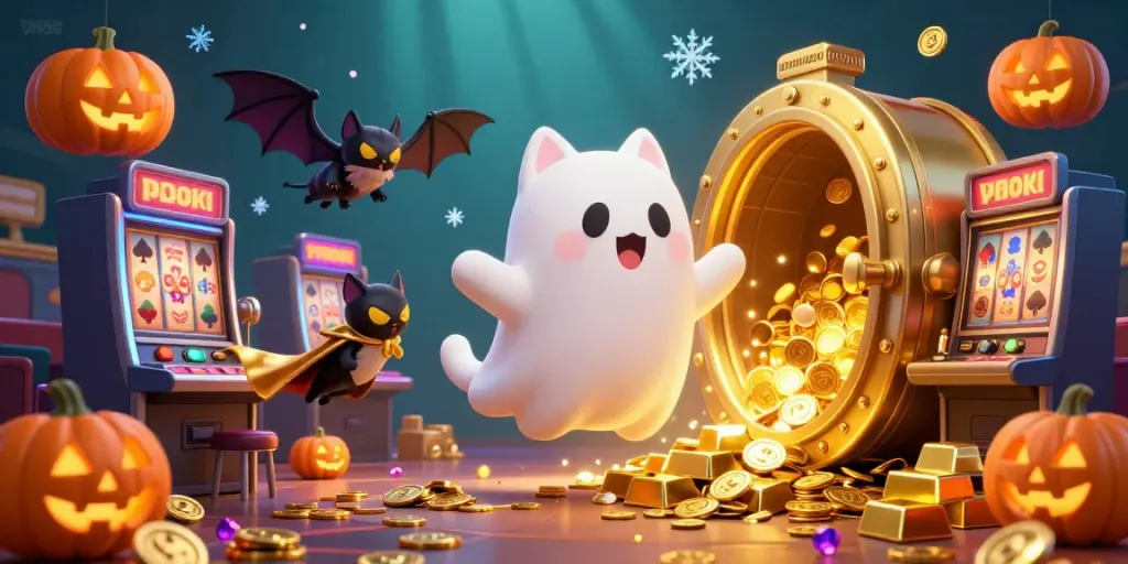 Experience the thrilling energy of VN88 with a friendly ghost cat navigating a bustling casino scene filled with gold treasures and vibrant visuals.