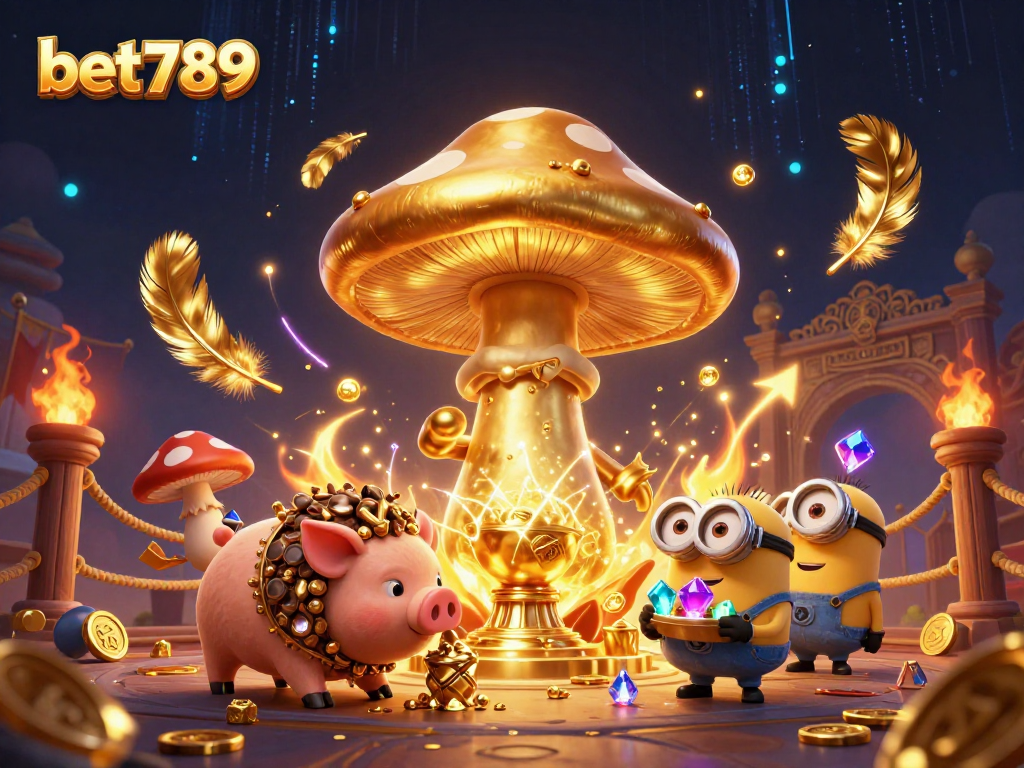 Experience the magic of bet789 with a whimsical 3D scene of a golden mushroom wizard and treasures.