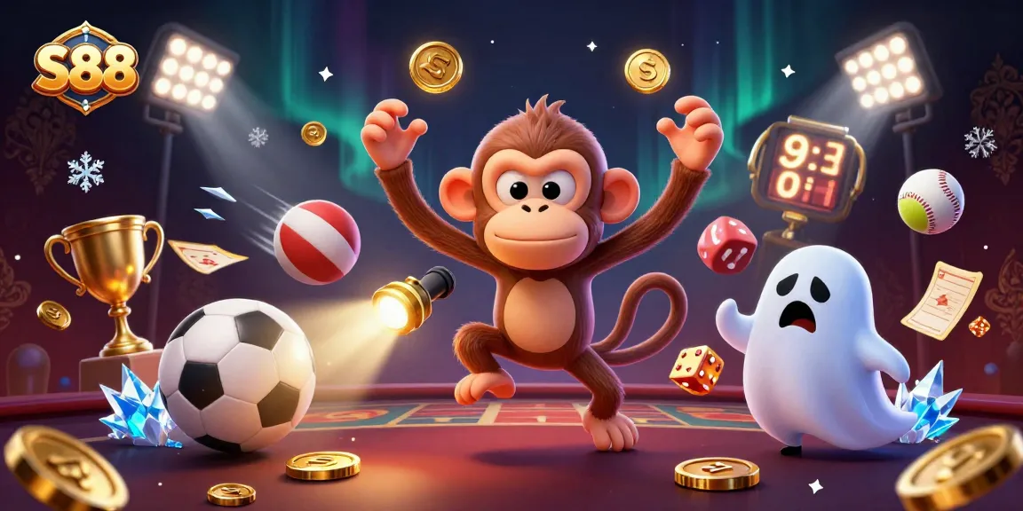 Engage in the thrilling S88 atmosphere with golden juggled casino elements and lively sports features.