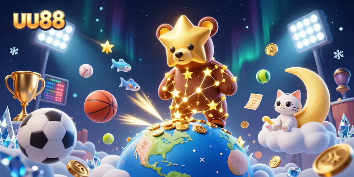 uu88 offers an exhilarating gaming experience with vibrant cartoon elements featuring golden coins, sports action, and fun.