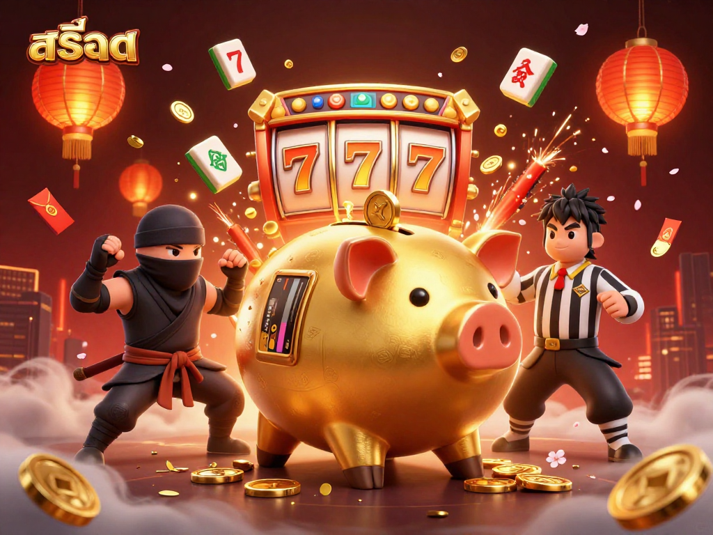 Engage with สล็อต themes as a golden piggy bank sumo wrestler celebrates winning at the slots!