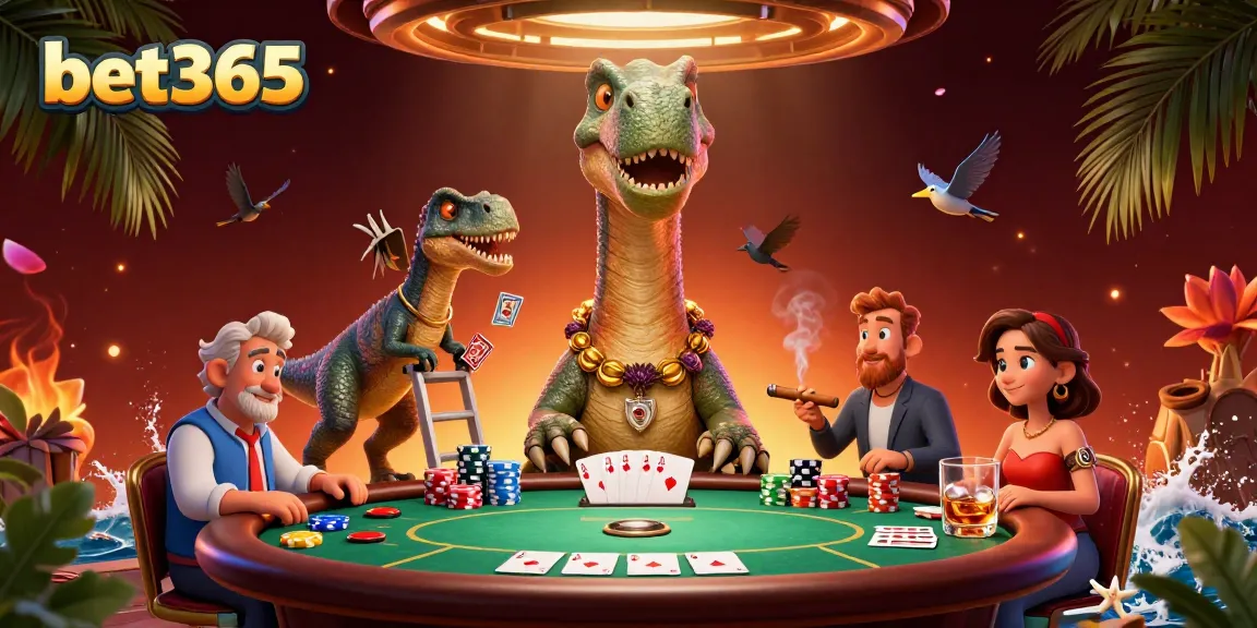 Experience the thrill of betting with bet365 in a lively casino scene featuring dinosaurs.