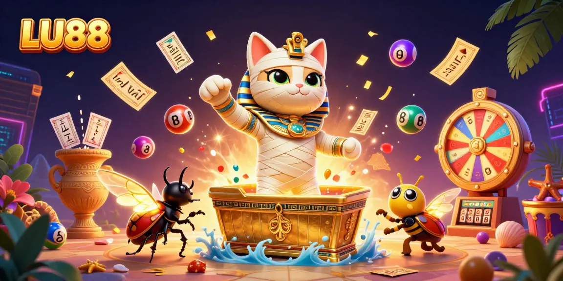 LU88 brings excitement with a lively scene featuring a mummy cat and a scarab beetle amidst casino thrills and vibrant lottery elements.