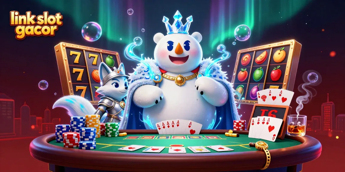 Engage with the link slot gacor at a vibrant casino scene featuring a cartoon polar bear and snowy fox.